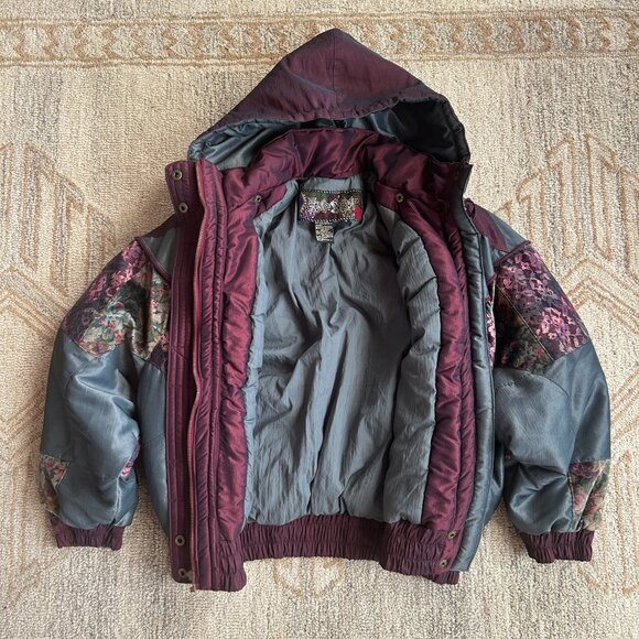 Vintage Patchwork Puffy Coat | 80s 90s Retro Lace + Velvet Hooded Jacket - Picture 10 of 13